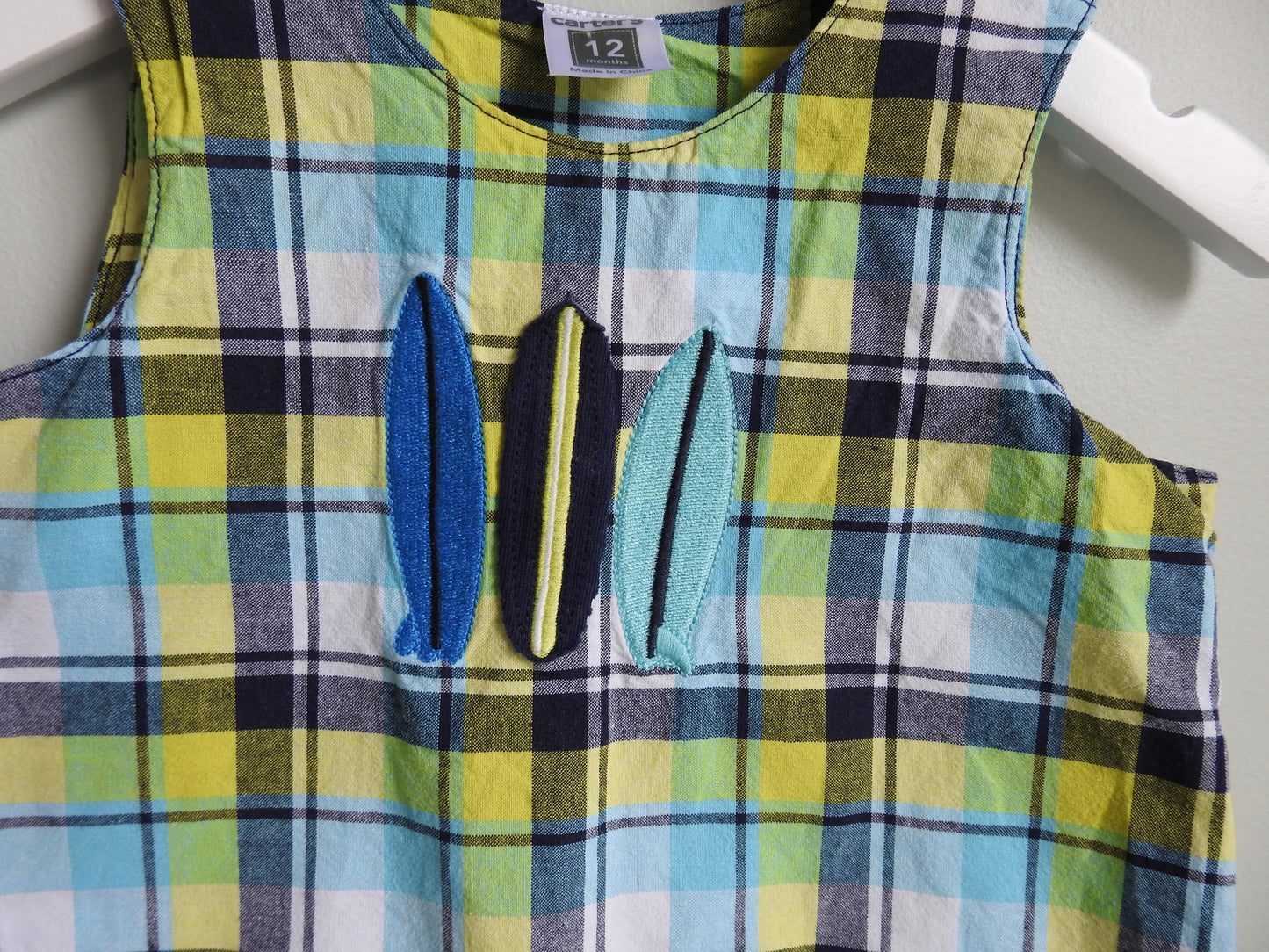 Vintage 00s Carter’s Blue Green Plaid Surfboard Romper 12M