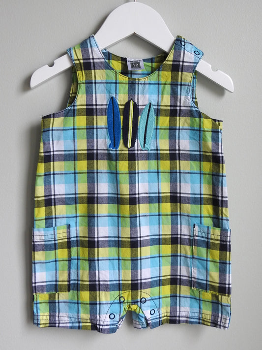 Vintage 00s Carter’s Blue Green Plaid Surfboard Romper 12M