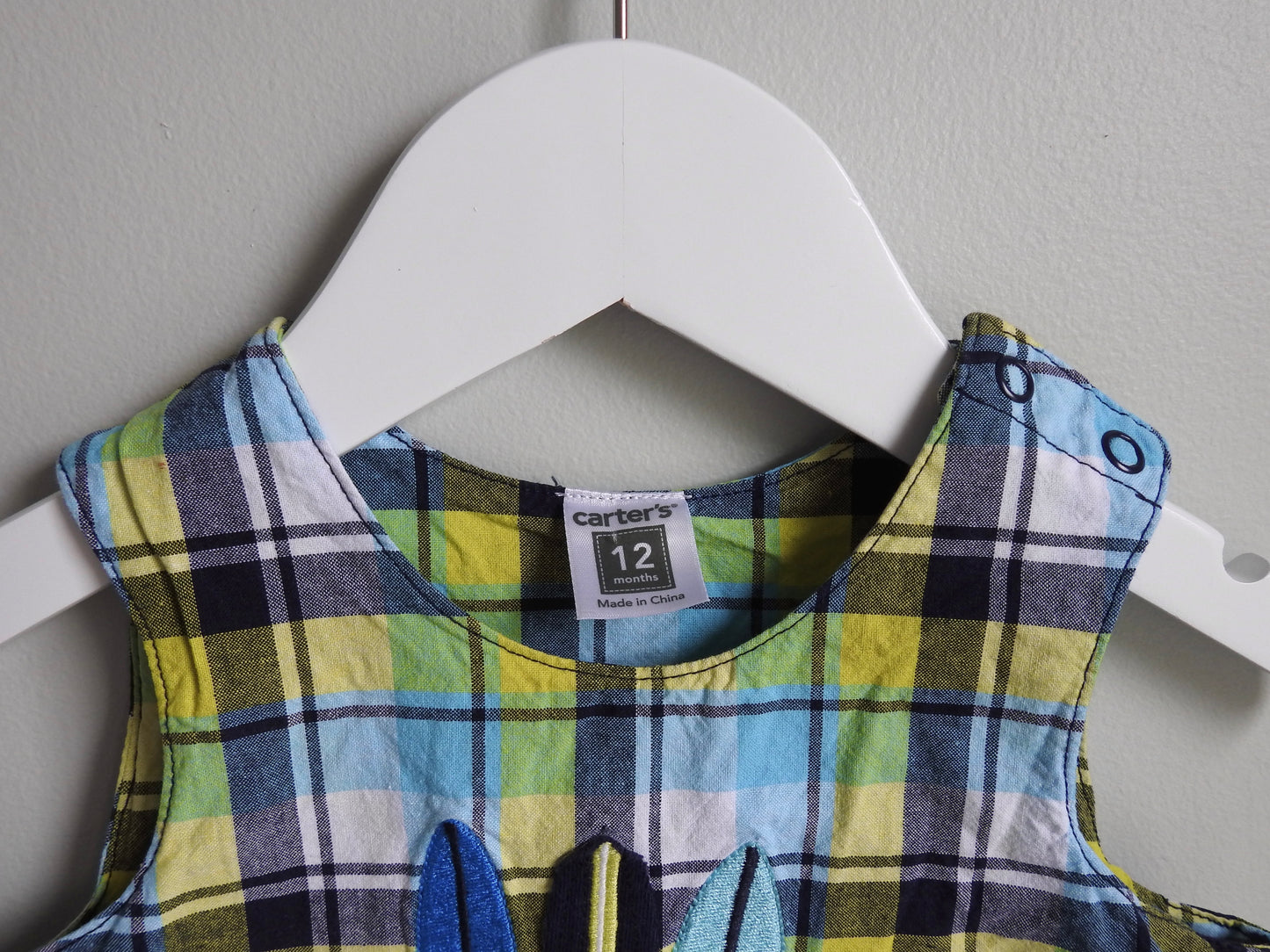Vintage 00s Carter’s Blue Green Plaid Surfboard Romper 12M